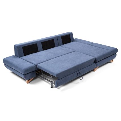 Rozkladacia rohová čalúnená sedacia súprava do tvaru L s úložným priestorom AVESTA pravá modrá