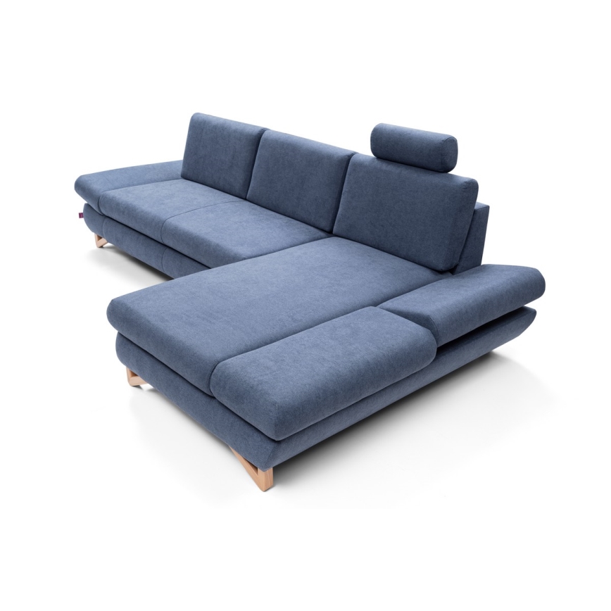 Rozkladacia rohová čalúnená sedacia súprava do tvaru L s úložným priestorom AVESTA pravá modrá