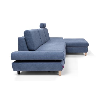 Rozkladacia rohová čalúnená sedacia súprava do tvaru L s úložným priestorom AVESTA pravá modrá