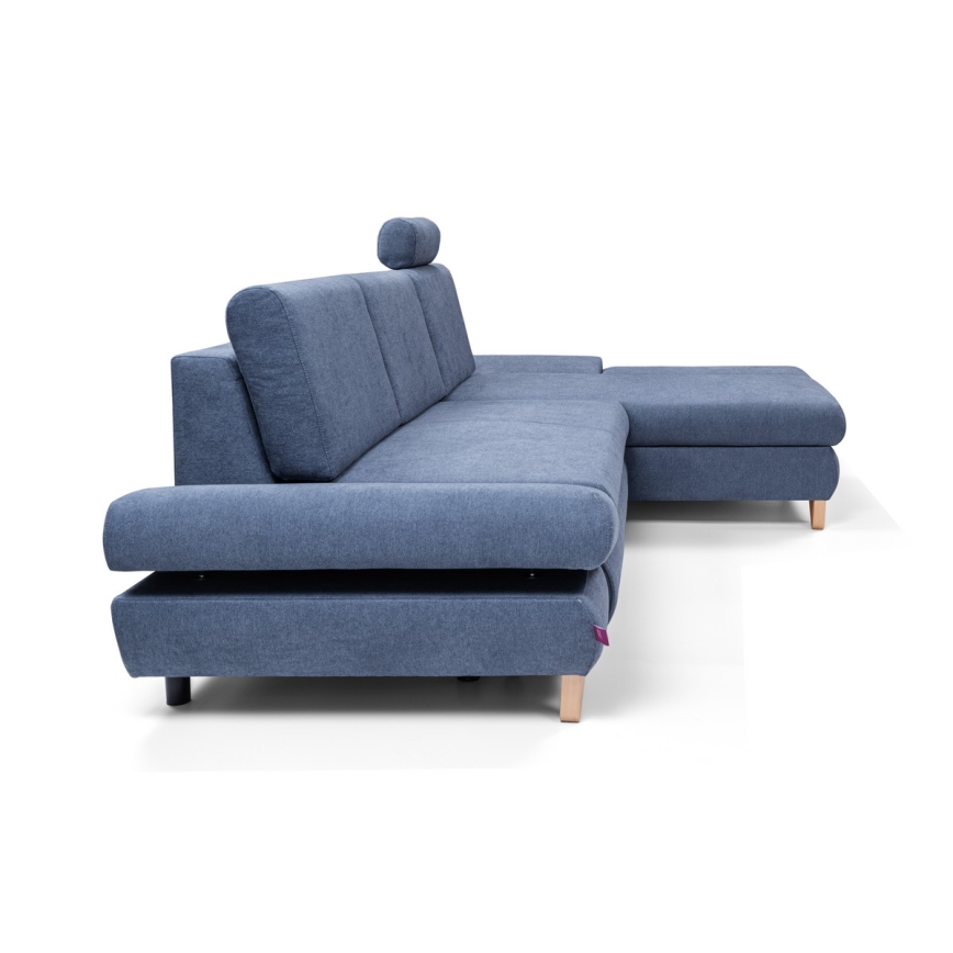 Rozkladacia rohová čalúnená sedacia súprava do tvaru L s úložným priestorom AVESTA pravá modrá