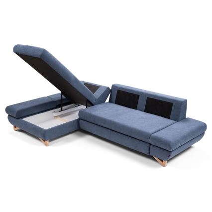Rozkladacia rohová čalúnená sedacia súprava v tvare L s úložným priestorom AVESTA, ľavé prevedenie, modrá