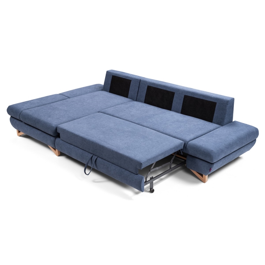 Rozkladacia rohová čalúnená sedacia súprava v tvare L s úložným priestorom AVESTA, ľavé prevedenie, modrá