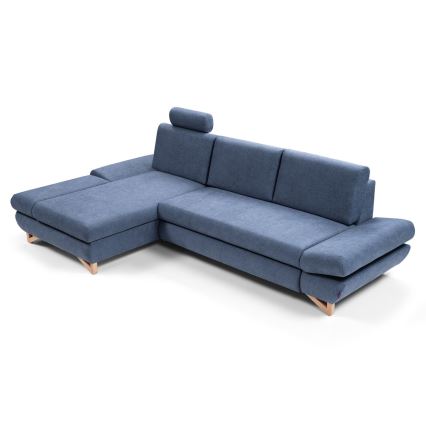 Rozkladacia rohová čalúnená sedacia súprava v tvare L s úložným priestorom AVESTA, ľavé prevedenie, modrá