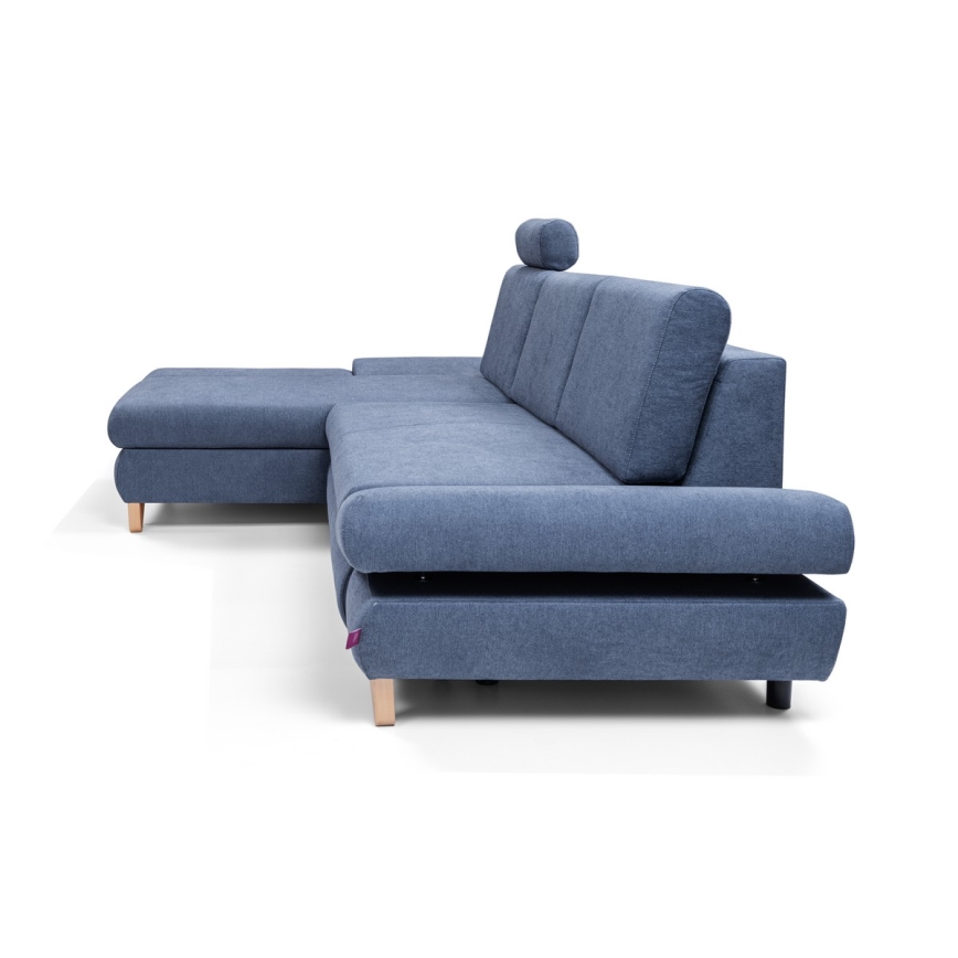 Rozkladacia rohová čalúnená sedacia súprava v tvare L s úložným priestorom AVESTA, ľavé prevedenie, modrá