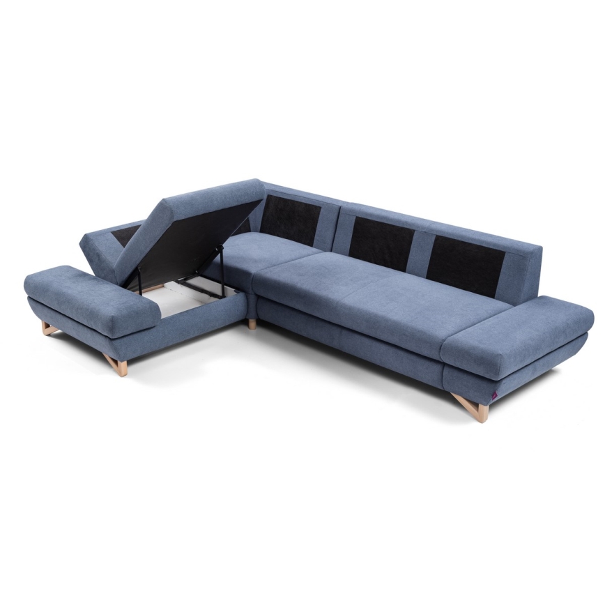 Rozkladacia rohová čalúnená sedacia súprava s úložným priestorom do tvaru L AVESTA ľavá modrá