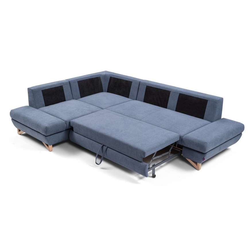 Rozkladacia rohová čalúnená sedacia súprava s úložným priestorom do tvaru L AVESTA ľavá modrá