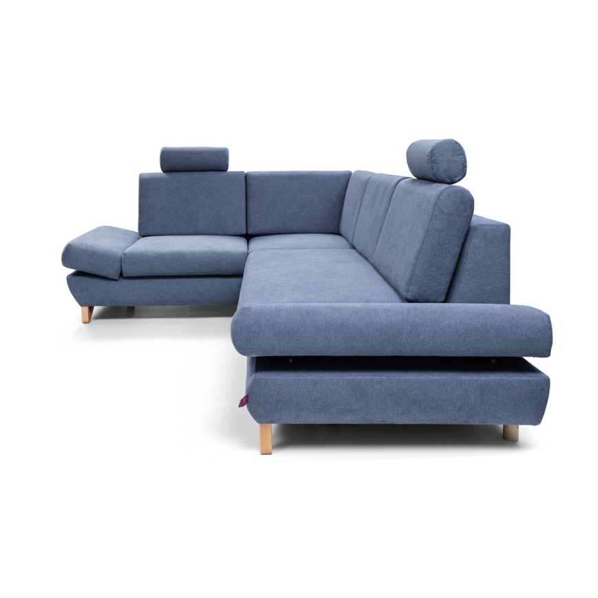 Rozkladacia rohová čalúnená sedacia súprava s úložným priestorom do tvaru L AVESTA ľavá modrá