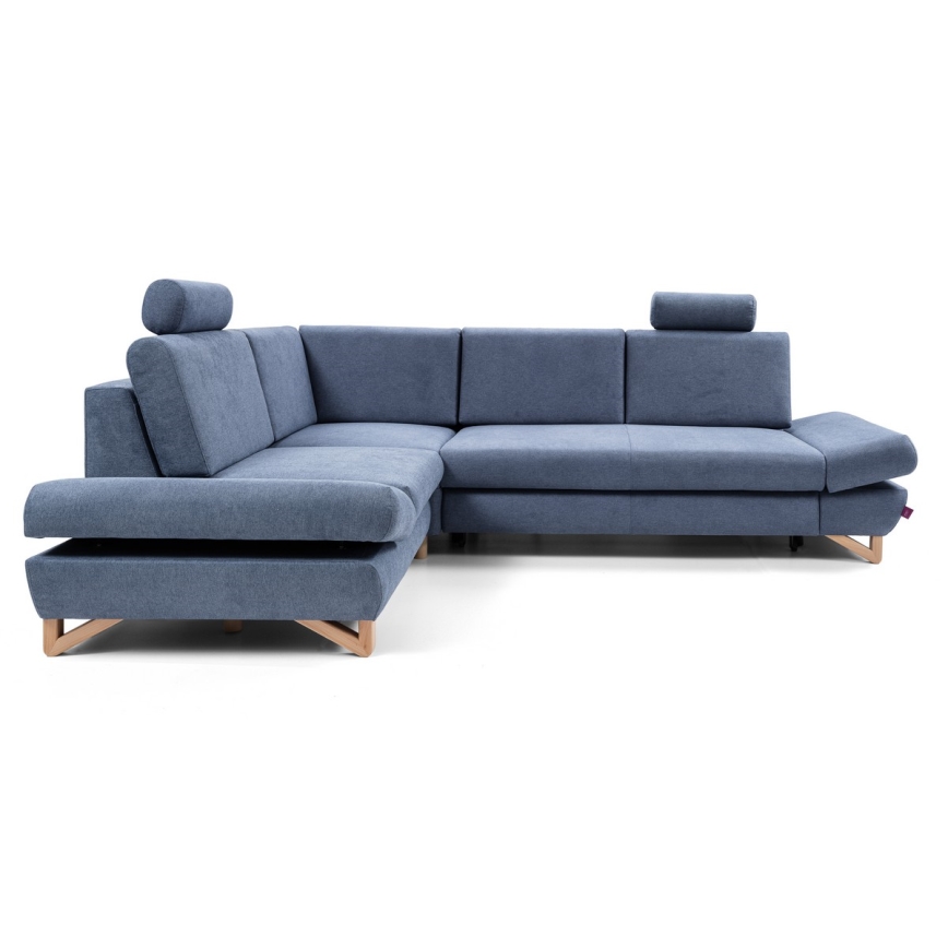 Rozkladacia rohová čalúnená sedacia súprava s úložným priestorom do tvaru L AVESTA ľavá modrá