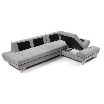 Rozkladacia rohová čalúnená sedacia súprava s úložným priestorom v tvare L AVESTA, pravé prevedenie, sivá