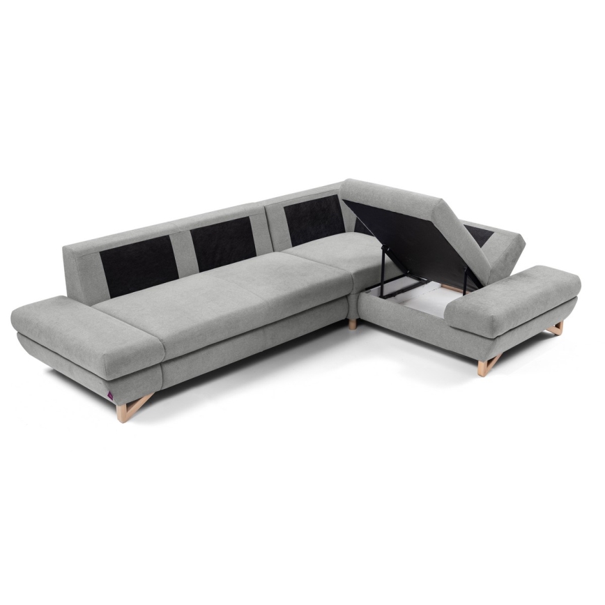 Rozkladacia rohová čalúnená sedacia súprava s úložným priestorom v tvare L AVESTA, pravé prevedenie, sivá