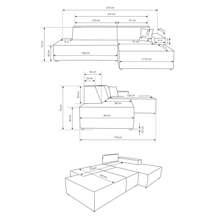 Rozkladacia rohová sedacia súprava s úložným priestorom do tvaru L TERAMO pravá béžová