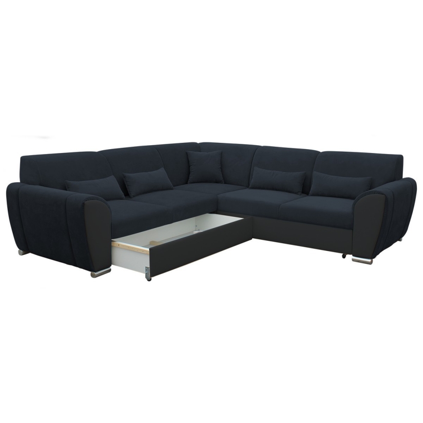 Rozkladacia rohová sedacia súprava s úložným priestorom v tvare L VISEU ľavá antracit/čierna