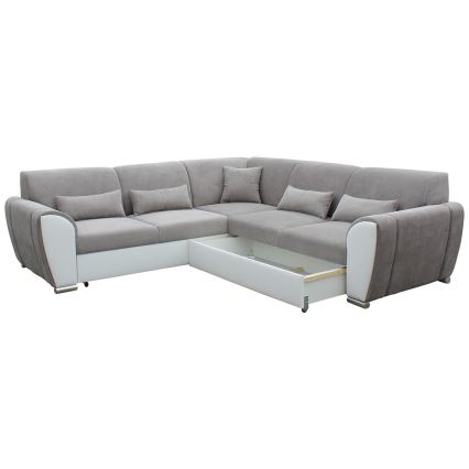 Rozkladacia rohová sedacia súprava VISEU do tvaru L s úložným priestorom, pravá, šedá/biela