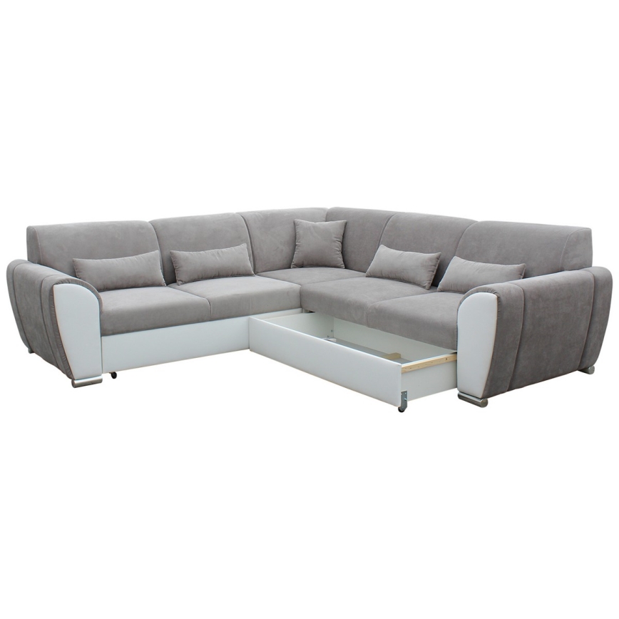 Rozkladacia rohová sedacia súprava VISEU do tvaru L s úložným priestorom, pravá, šedá/biela