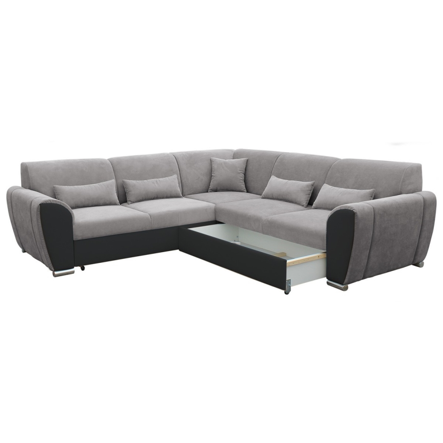 Rozkladacia rohová sedacia súprava VISEU do tvaru L, pravé prevedenie, sivá/čierna, s úložným priestorom