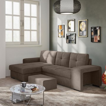 Rozkladacia sedačka s úložným priestorom a taburetom PALERMO, hnedá, ľavé prevedenie