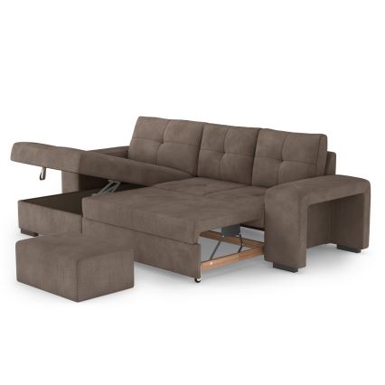 Rozkladacia sedačka s úložným priestorom a taburetom PALERMO, hnedá, ľavé prevedenie