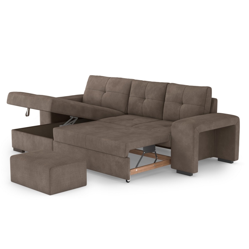 Rozkladacia sedačka s úložným priestorom a taburetom PALERMO, hnedá, ľavé prevedenie