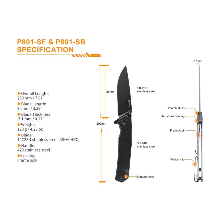Ruike RUP801SF - Zatvárací vreckový nôž 20 cm strieborná