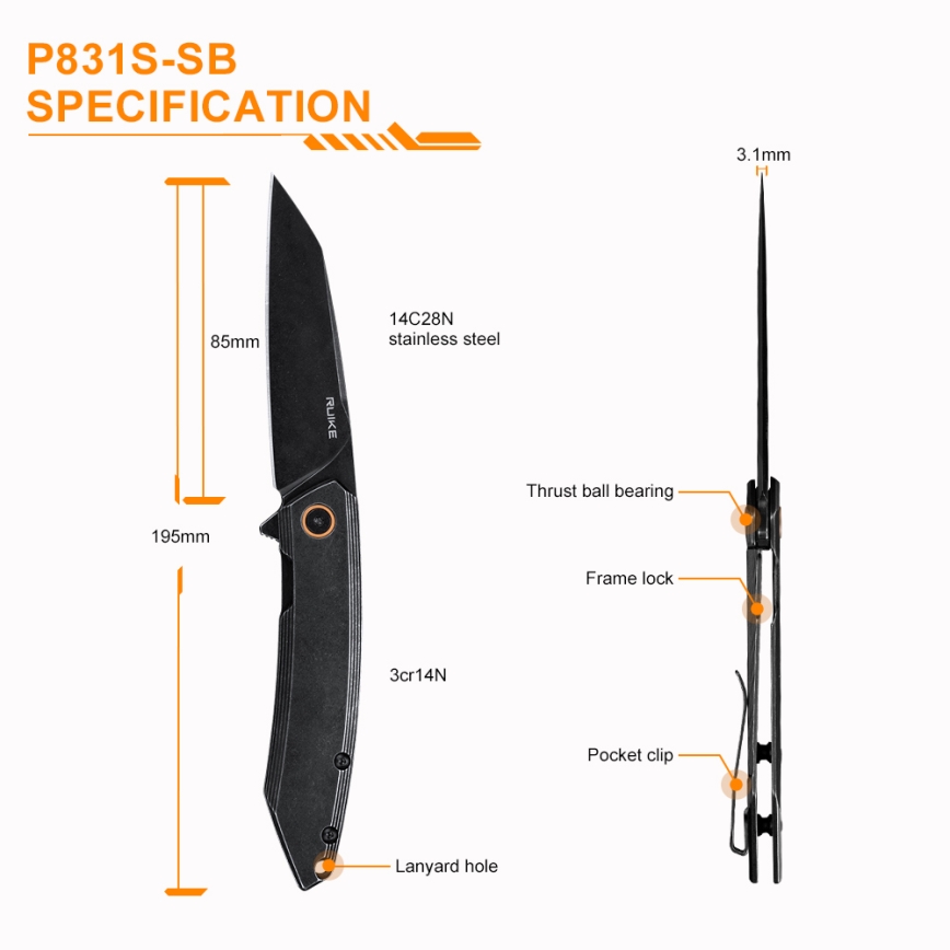 Ruike RUP831SSB - Zatvárací kompaktný nôž 19,5 cm čierna