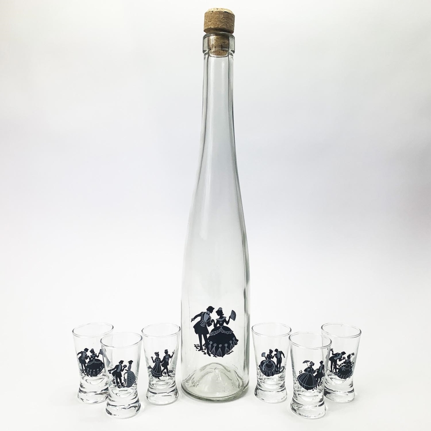 Sada 1x  0,5l sklenená fľaša  a 6x pohár na panáky číra