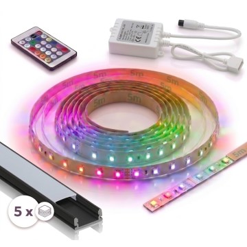 SADA 1x LED RGBW stmievateľný pásik DIGITAL LED/16,5W/230V 5 m + 5x zapustený profil 1 m čierna/biela + diaľkové ovládanie