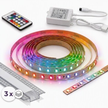 SADA 1x RGBW stmievateľný LED pás DIGITAL LED/9,6W/230V 3 m + 3x zapustený profil 1 m strieborná/biela + diaľkové ovládanie