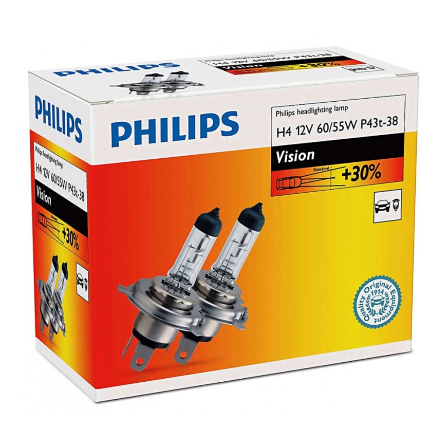 SADA 2x Autožiarovka Philips VISION 12342PRC2 H4 P43t-38/60W/55W/12V 3200K