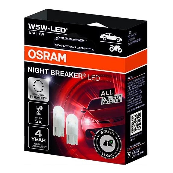 SADA 2x LED Autožiarovka NIGHT BREAKER W2.1x9.5d/1W/12V 5700K - Osram