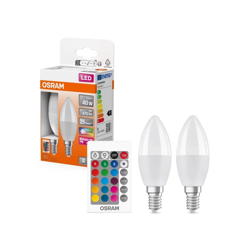 SADA 2x LED RGBW Stmievateľná žiarovka B38 E14/4,9W/230V 2700K + diaľkové ovládanie - Osram