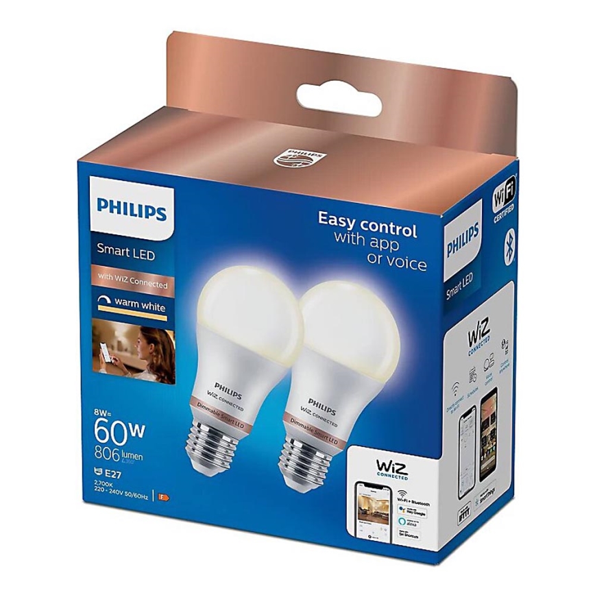 SADA 2x LED Stmievateľná žiarovka Philips A60 E27/8W/230V Wi-Fi
