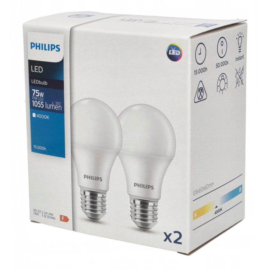 SADA 2x LED Žiarovka Philips A60 E27/10W/230V 4000K