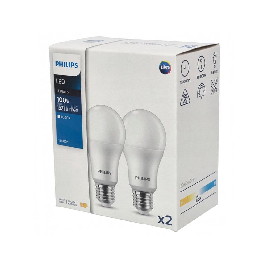 SADA 2x LED Žiarovka Philips A67 E27/13W/230V 4000K