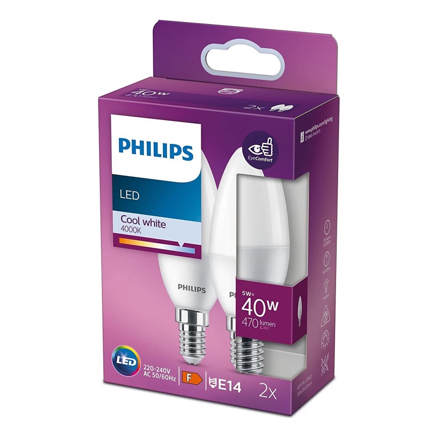 SADA 2x LED Žiarovka Philips B35 E14/5W/230V 4000K