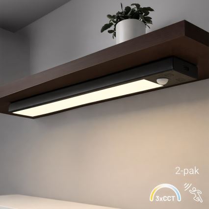 Sada 2x nabíjateľných LED svetiel do nábytku s pohybovým a súmrakovým senzorom VIRO, 1,2 W/3,7 V, 800 mAh, 3000/4000/6500 K, 30 cm, čierna