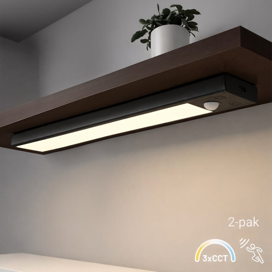 Sada 2x nabíjateľných LED svetiel do nábytku s pohybovým a súmrakovým senzorom VIRO, 1,2 W/3,7 V, 800 mAh, 3000/4000/6500 K, 30 cm, čierna