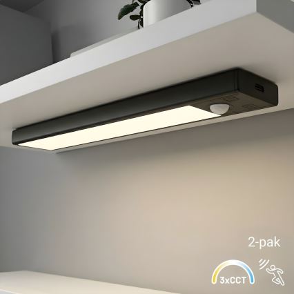 SADA 2x LED Nabíjateľné osvetlenie nábytku s pohybovým a súmrakovým senzorom VIRO LED/1W/3,7V 800 mAh 3000/4000/6500K 20 cm čierna