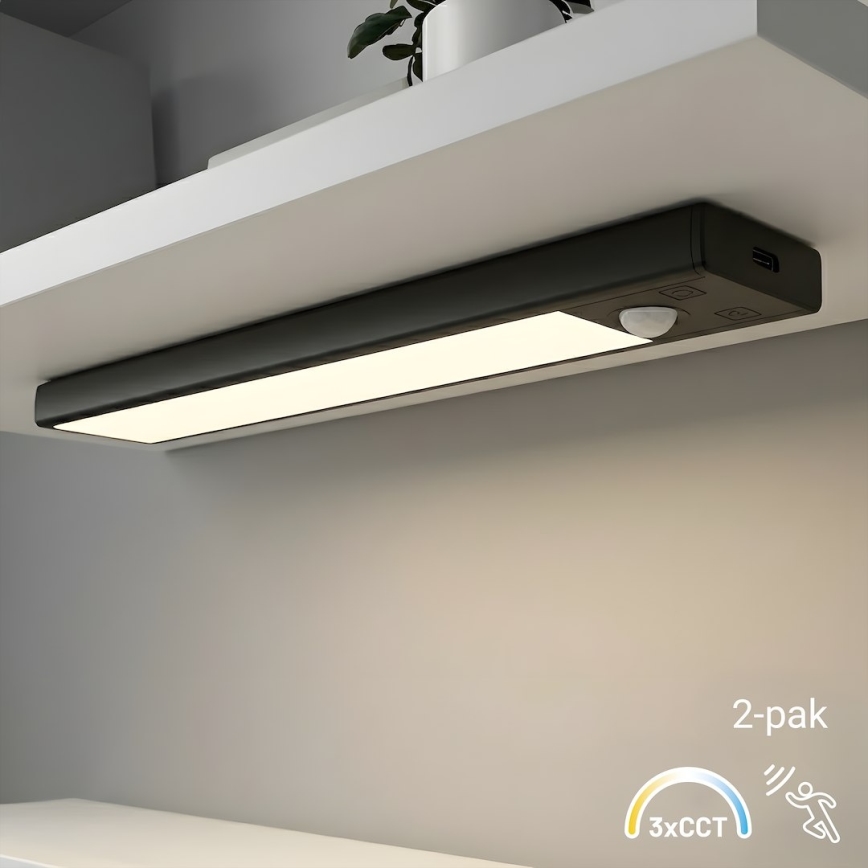 SADA 2x LED Nabíjateľné osvetlenie nábytku s pohybovým a súmrakovým senzorom VIRO LED/1W/3,7V 800 mAh 3000/4000/6500K 20 cm čierna