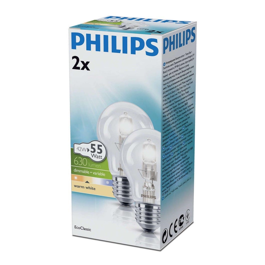 SADA 2x Stmievateľná halogénová žiarovka E27/42W/230V 2800K - Philips