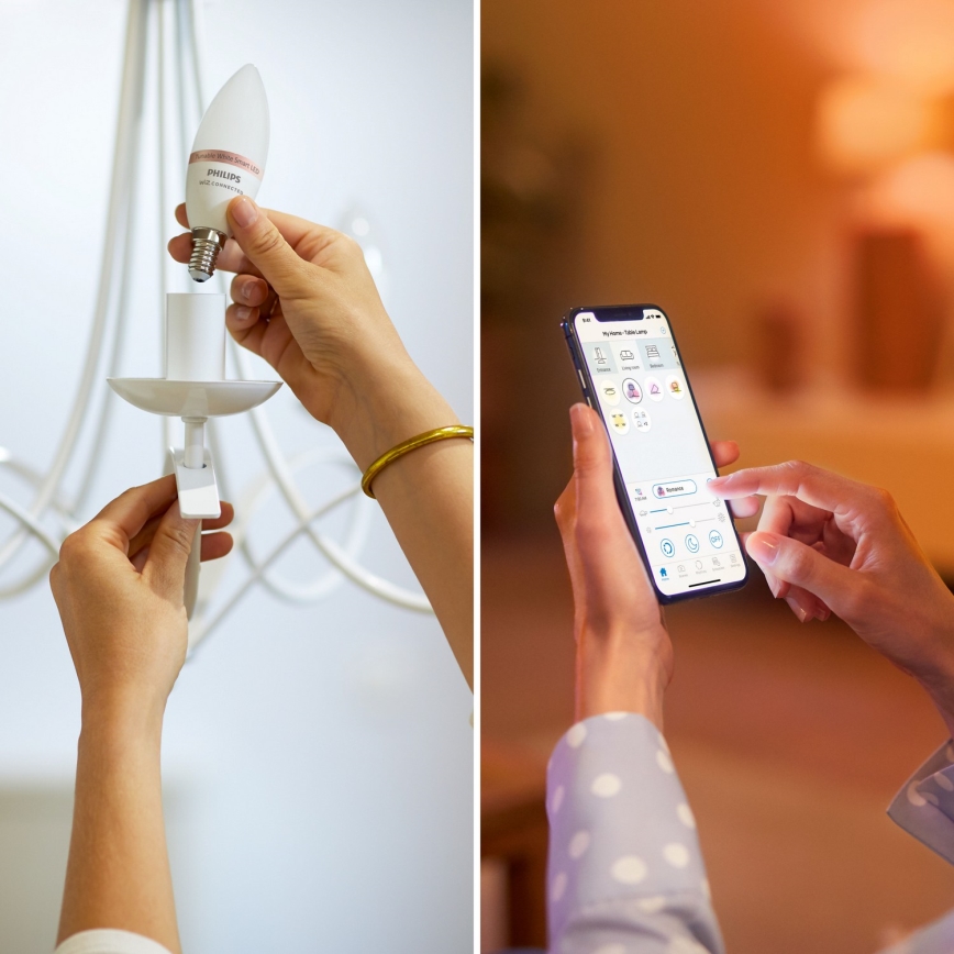 Sada 2× stmievateľných LED RGB žiaroviek Philips SMART C37 E14/4,9W/230V 2200-6500K CRI 90