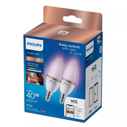 Sada 2× stmievateľných LED RGB žiaroviek Philips SMART C37 E14/4,9W/230V 2200-6500K CRI 90