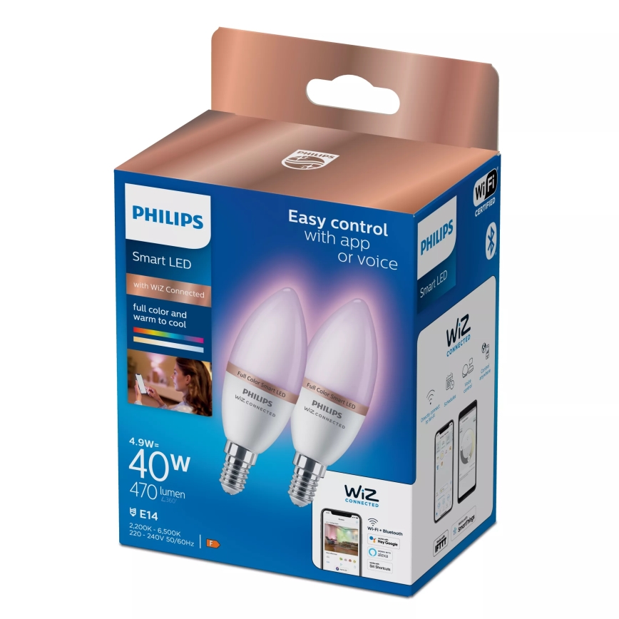 Sada 2× stmievateľných LED RGB žiaroviek Philips SMART C37 E14/4,9W/230V 2200-6500K CRI 90