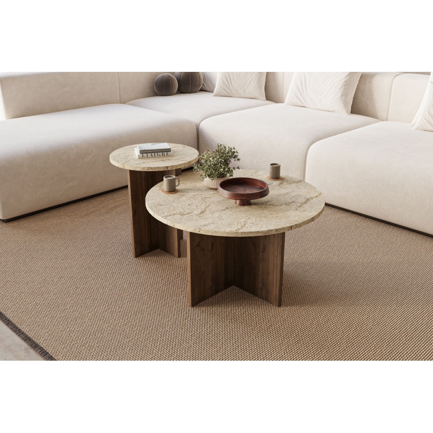 SADA 2× konferenčných stolíkov PURO, priemery 40/70 cm, orech/béžová