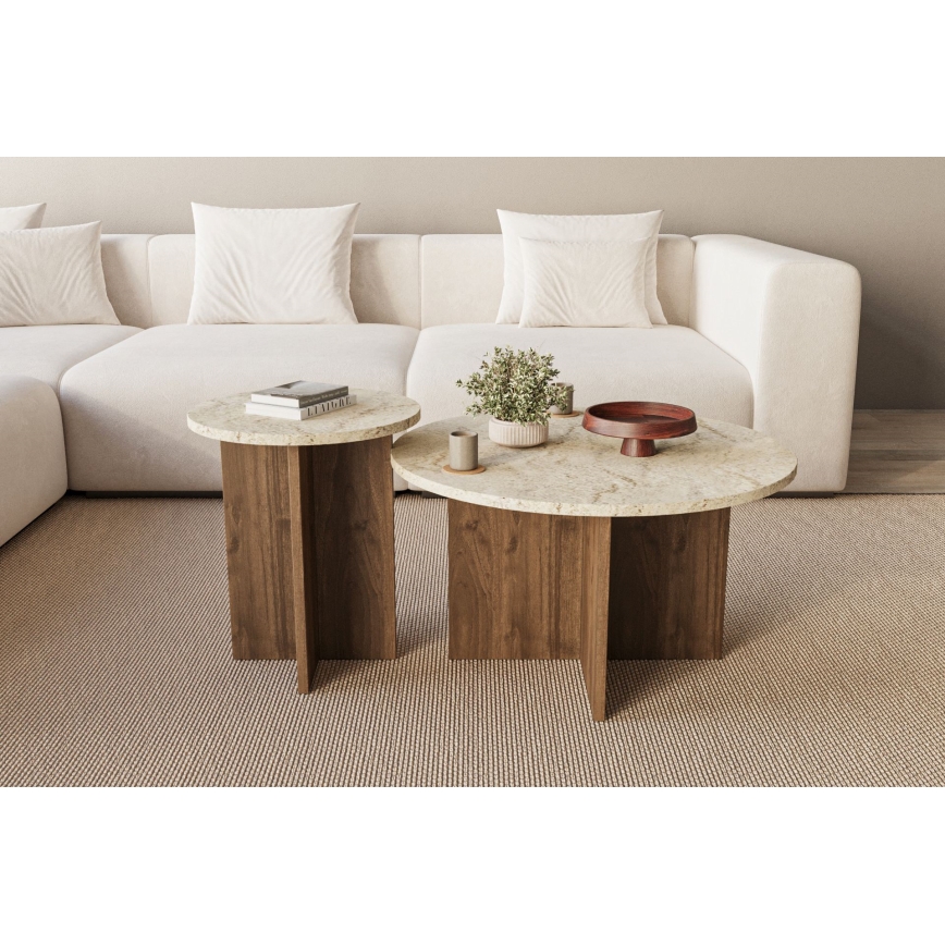 SADA 2× konferenčných stolíkov PURO, priemery 40/70 cm, orech/béžová