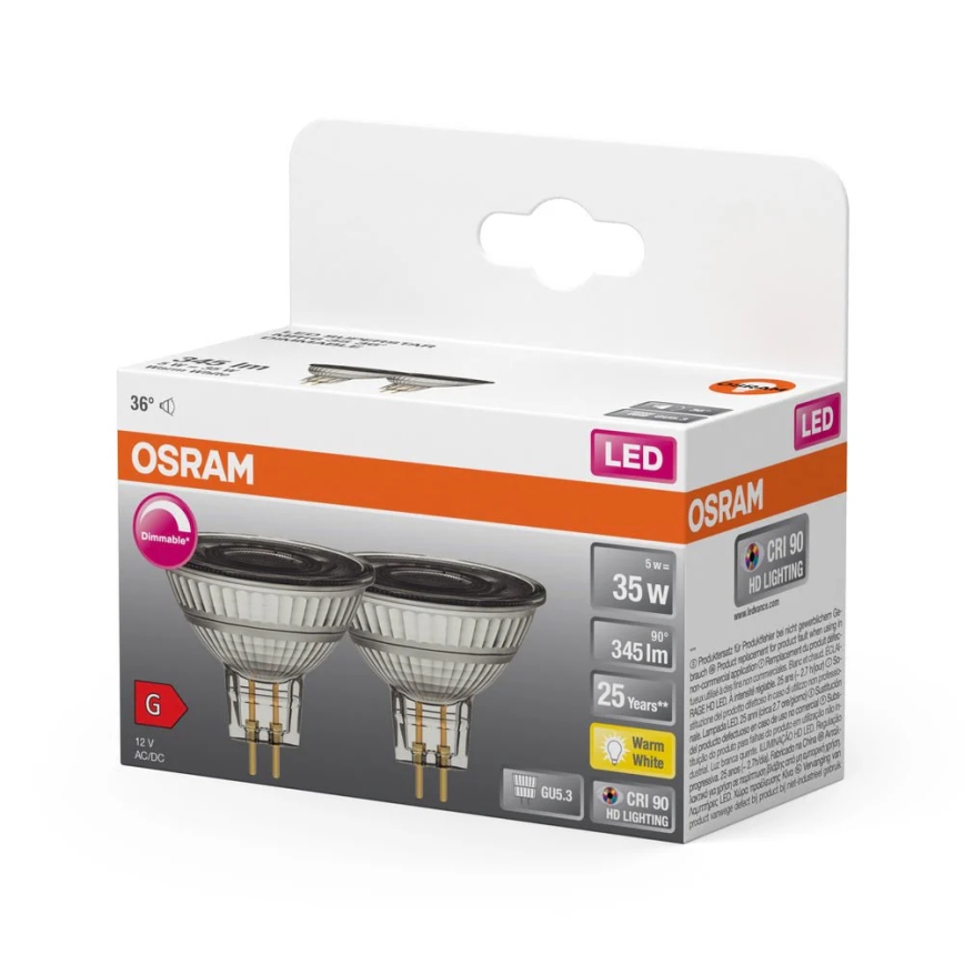 SADA 2x LED stmievateľná reflektorová žiarovka MR16 GU5,3/5W/12V 2700K 36° CRI 90 - Osram