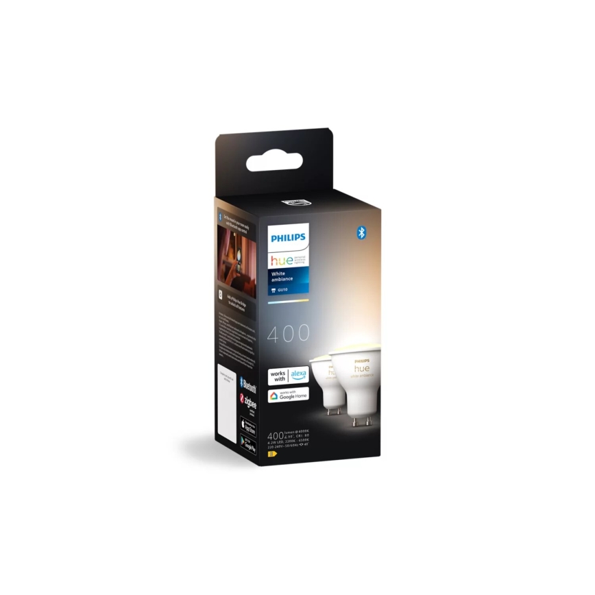 SADA 2x stmievateľné LED žiarovky Philips Hue WHITE AMBIANCE GU10/4,2W/230V 2200-6500K + Hue bridge