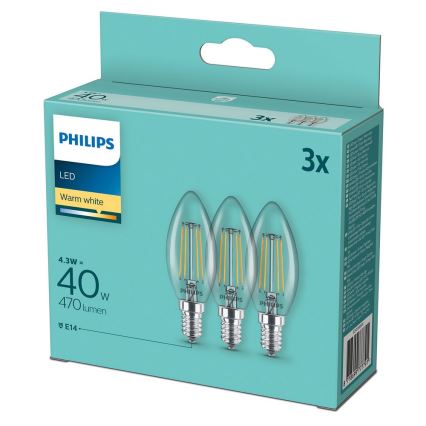 Sada 3 ks LED žiaroviek Vintage Philips B35 E14/4,3W/230V 2700K