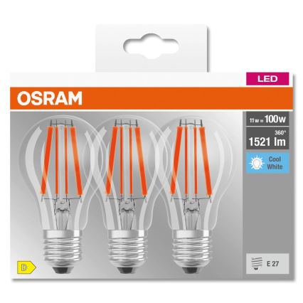 Sada 3x LED žiaroviek BASE CLASSIC FILAMENT A60 E27/11W/230V 4000K - Osram