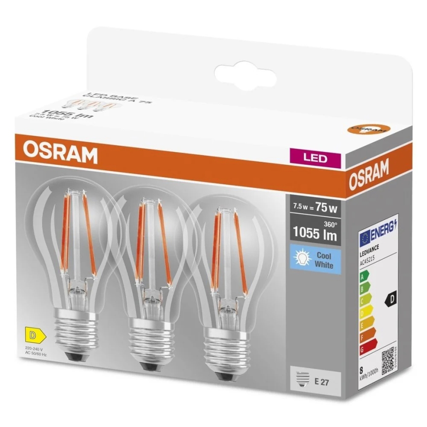 Sada 3x LED žiaroviek BASE CLASSIC FILAMENT A60 E27/7,5W/230V 4000K - Osram