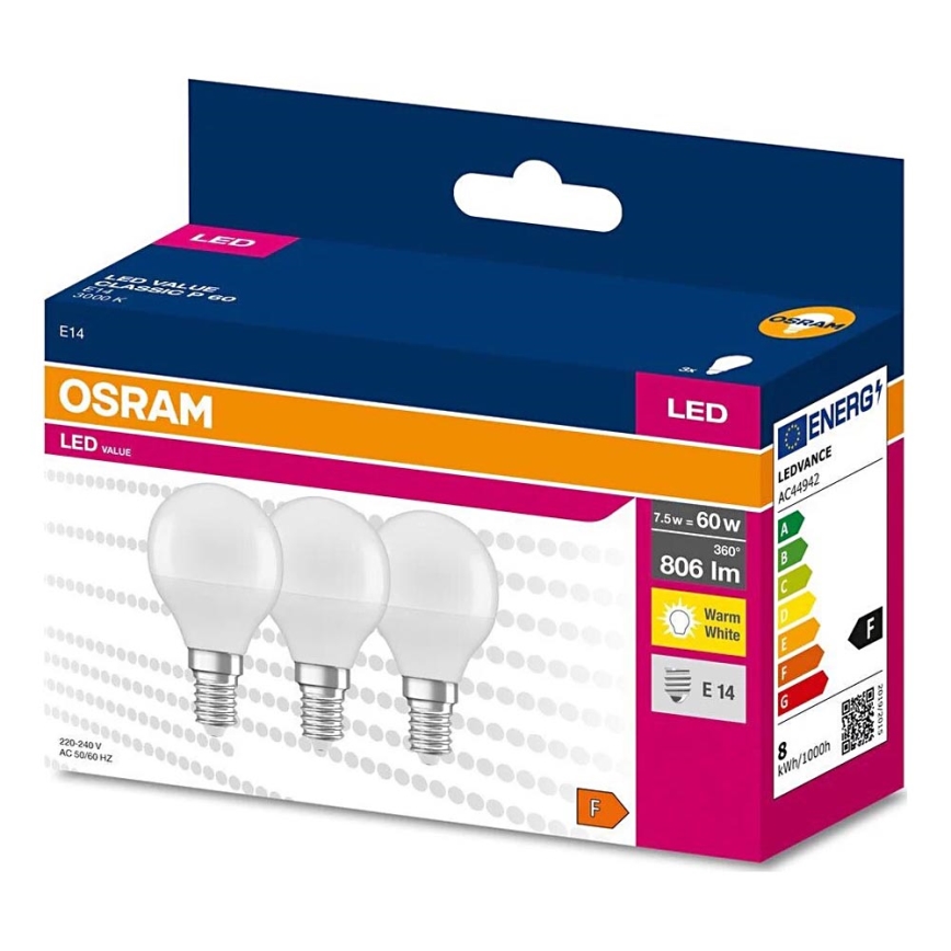 SADA 3x LED Žiarovka P45 E14/7,5W/230V 3000K - Osram